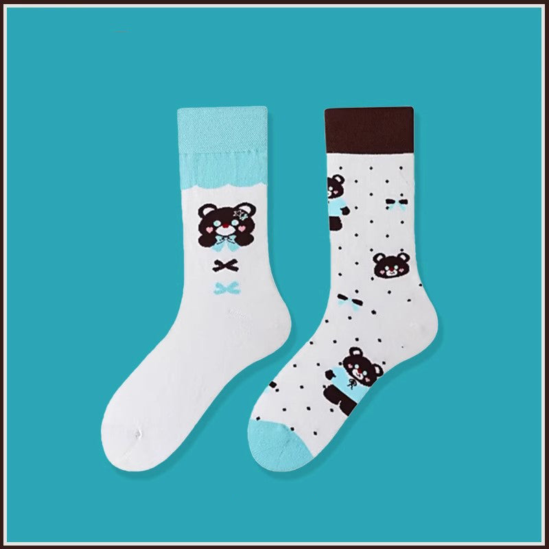 Bear pattern crew socks with cute cartoon bear design, made of soft cotton, perfect for daily wear, gifting, or couple matching.