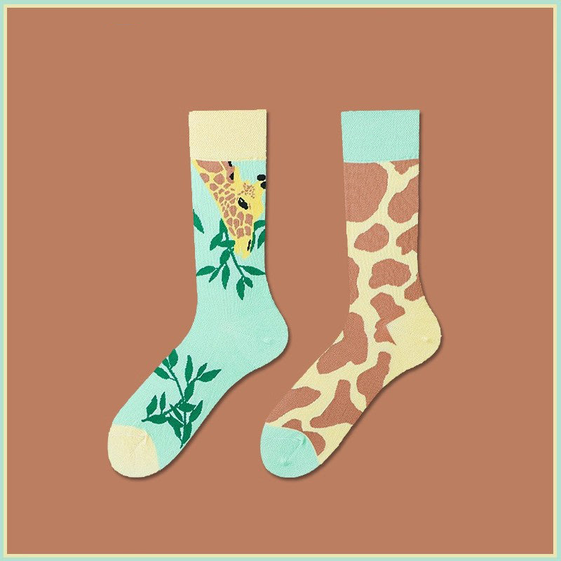 Giraffe pattern cotton mid-calf socks with animal design, soft breathable cotton, fun unisex crew socks.