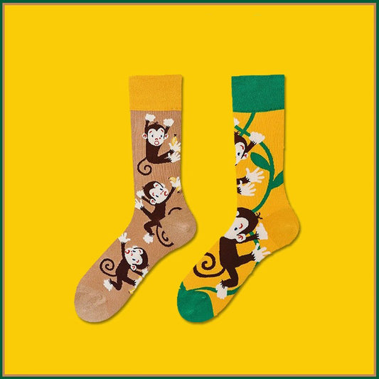 Cute monkey pattern crew socks made of soft cotton, unisex fun cartoon animal design for daily wear.