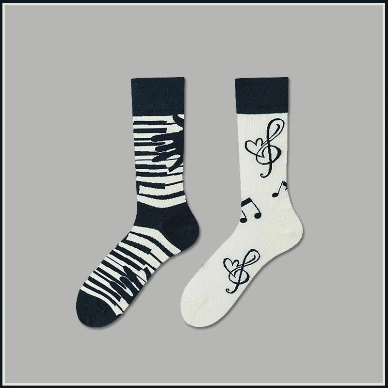 Music note pattern crew socks with musical design, made of soft cotton, ideal for music lovers and stylish everyday wear.