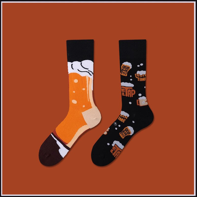 Beer design pattern cotton mid-calf socks, fun novelty unisex socks