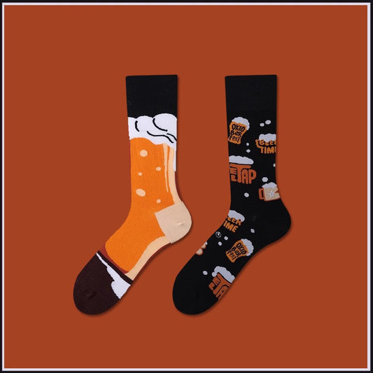 Beer design pattern cotton mid-calf socks, fun novelty unisex socks