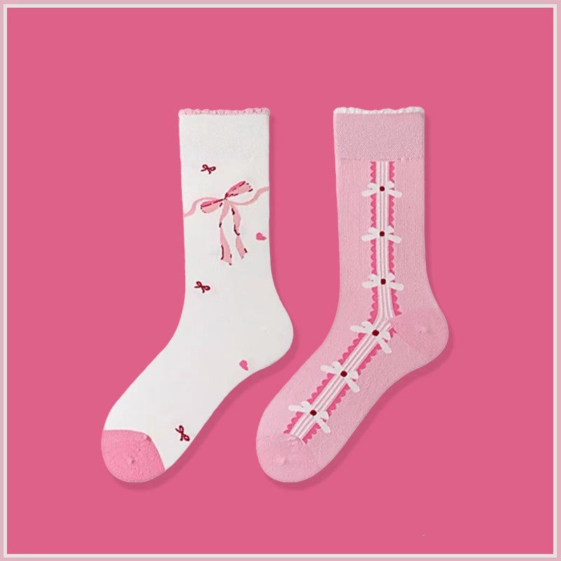 Cute bow-knot cotton socks for women, stylish and comfortable crew design

Elegant ribbon bow socks, breathable cotton, fashion ankle socks for girls

White knee-high socks with black bow detail, trendy and cute style

Pink bow socks for women, soft cotton, lovely and fashionable
Black lace bow ankle socks, elegant and stylish fashion accessory