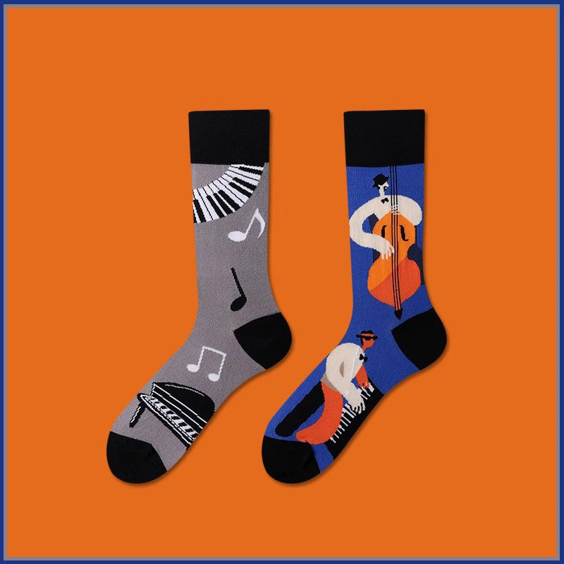 Cello pattern cotton mid-calf socks, comfortable and stylish music-themed socks
