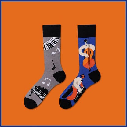 Cello pattern cotton mid-calf socks, comfortable and stylish music-themed socks