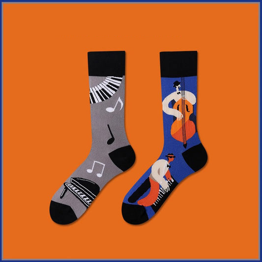 Cello pattern cotton mid-calf socks, comfortable and stylish music-themed socks