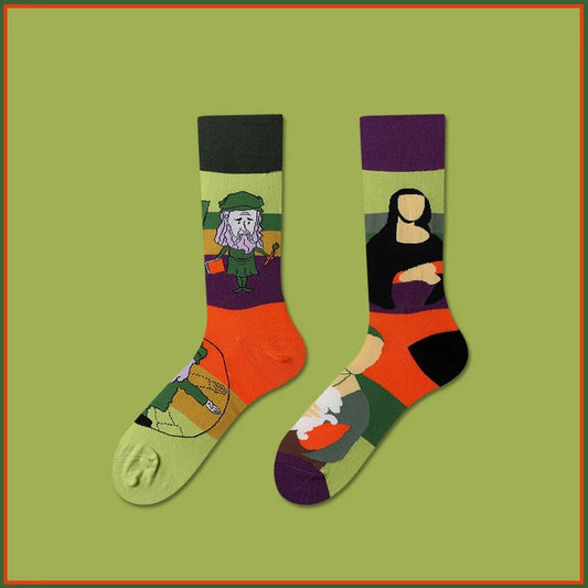 Famous painting pattern cotton crew socks, artistic and retro unisex design inspired by classic artworks.