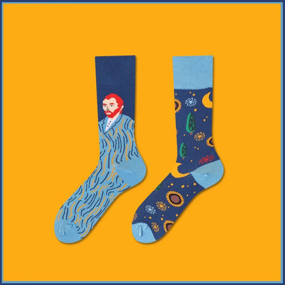 Van Gogh art pattern cotton mid-calf socks with oil painting design, soft and breathable cotton material, unisex artistic style socks.