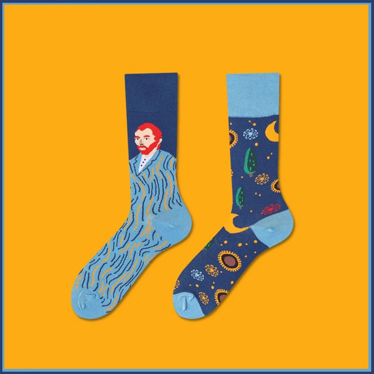 Van Gogh art pattern cotton mid-calf socks with oil painting design, soft and breathable cotton material, unisex artistic style socks.