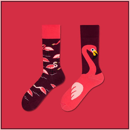 Flamingo pattern cotton crew socks, unisex tropical bird design with elegant and fun style.