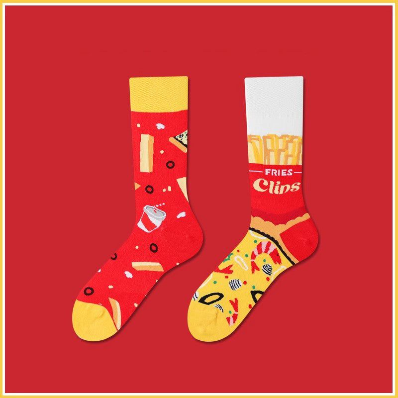French fries pattern crew cotton socks, fun and cute food design, unisex stylish socks for daily wear.