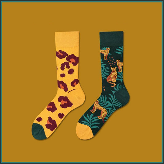 Leopard pattern cotton mid-calf socks with wild fashion design, soft breathable cotton, unisex stylish crew socks.