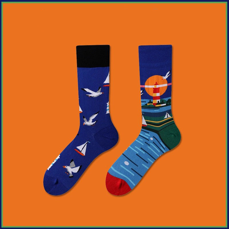 Lighthouse pattern cotton mid-calf socks, nautical style unisex socks