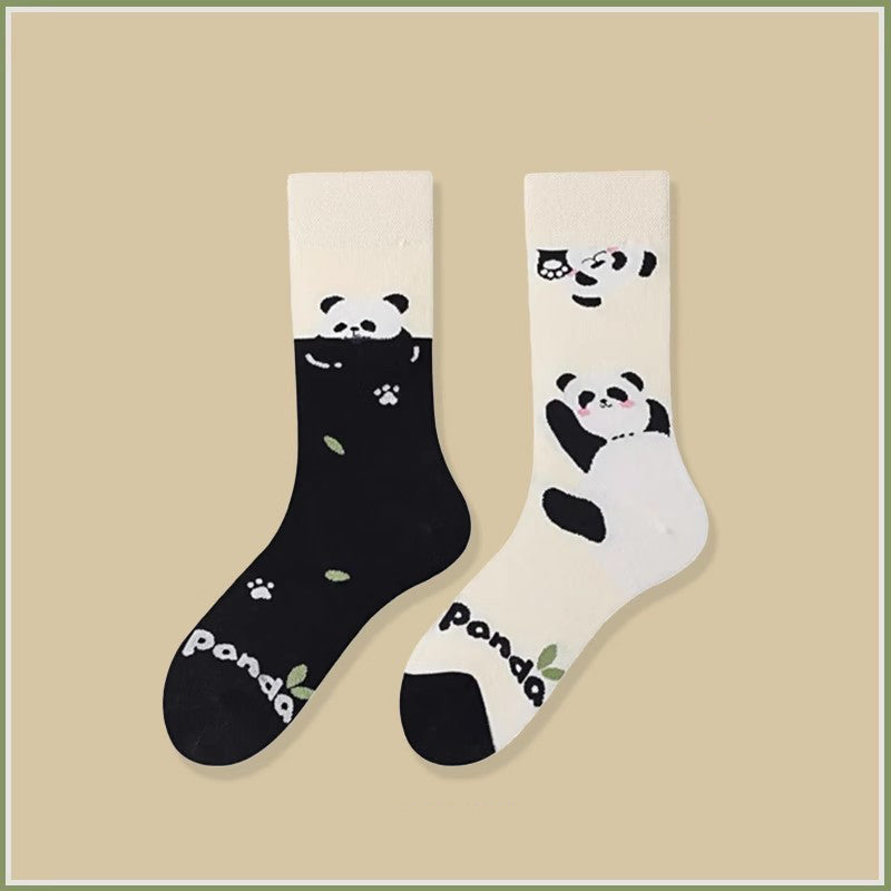 Panda pattern crew socks in black and white, made of soft cotton, comfortable and breathable, perfect for daily wear or gifting.