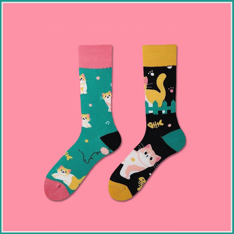 Pink cat pattern cotton mid-calf socks, cute cartoon design, soft breathable cotton, fun unisex crew socks for daily wear.