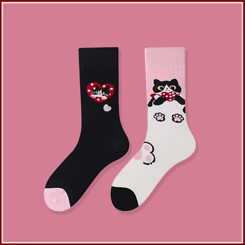 Pink cat pattern crew socks, cute cotton socks for women, soft and stylish cat design.