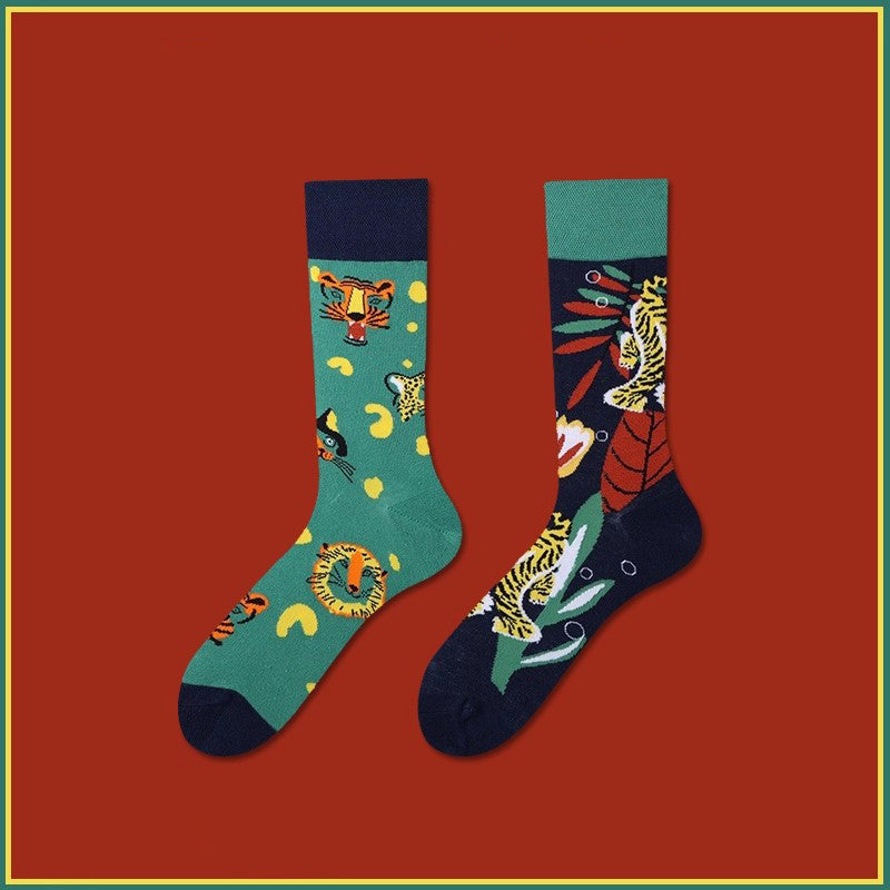 Tiger pattern cotton mid-calf socks, stylish wild-themed unisex socks
