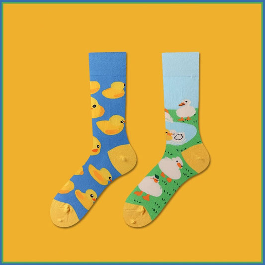 Yellow duck pattern cotton mid-calf socks, cute cartoon unisex socks